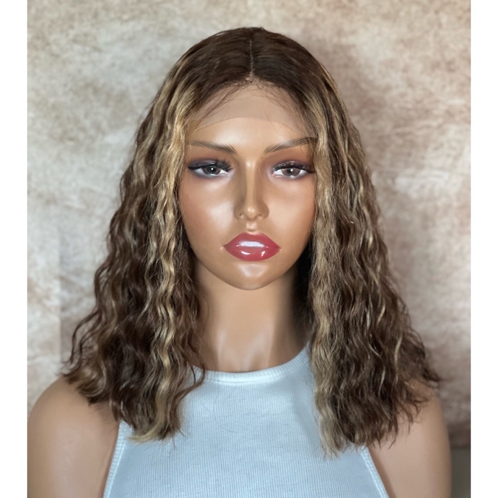 Human Hair Wavy Brown Blonde Highlights Lace Front Wig